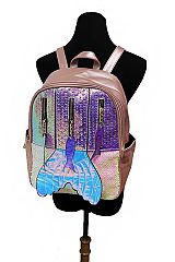 Metallic Mermaid Tail Designed and Sequins Detailed Glossy Faux Leather Standard Sized Backpack